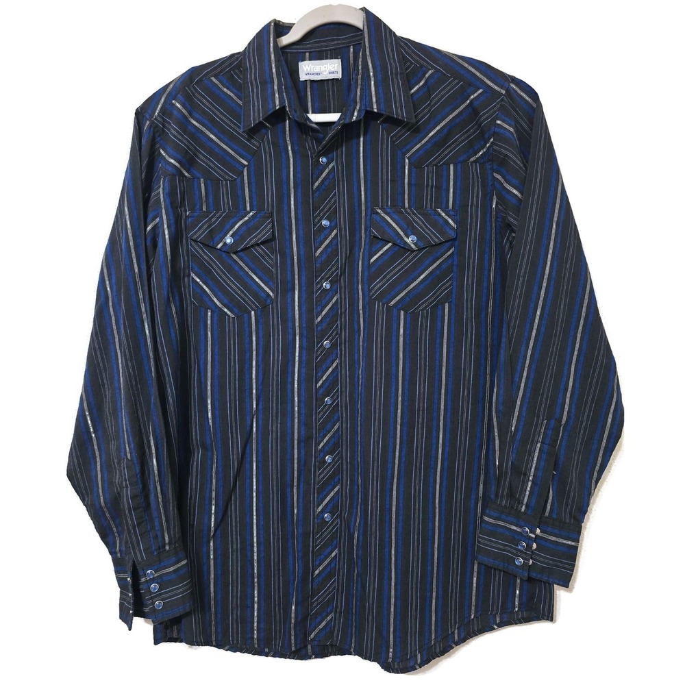 Wrangler Shirt Mens XL Blue Stripe Long Sleeve Snap Front Western Cowboy‎
